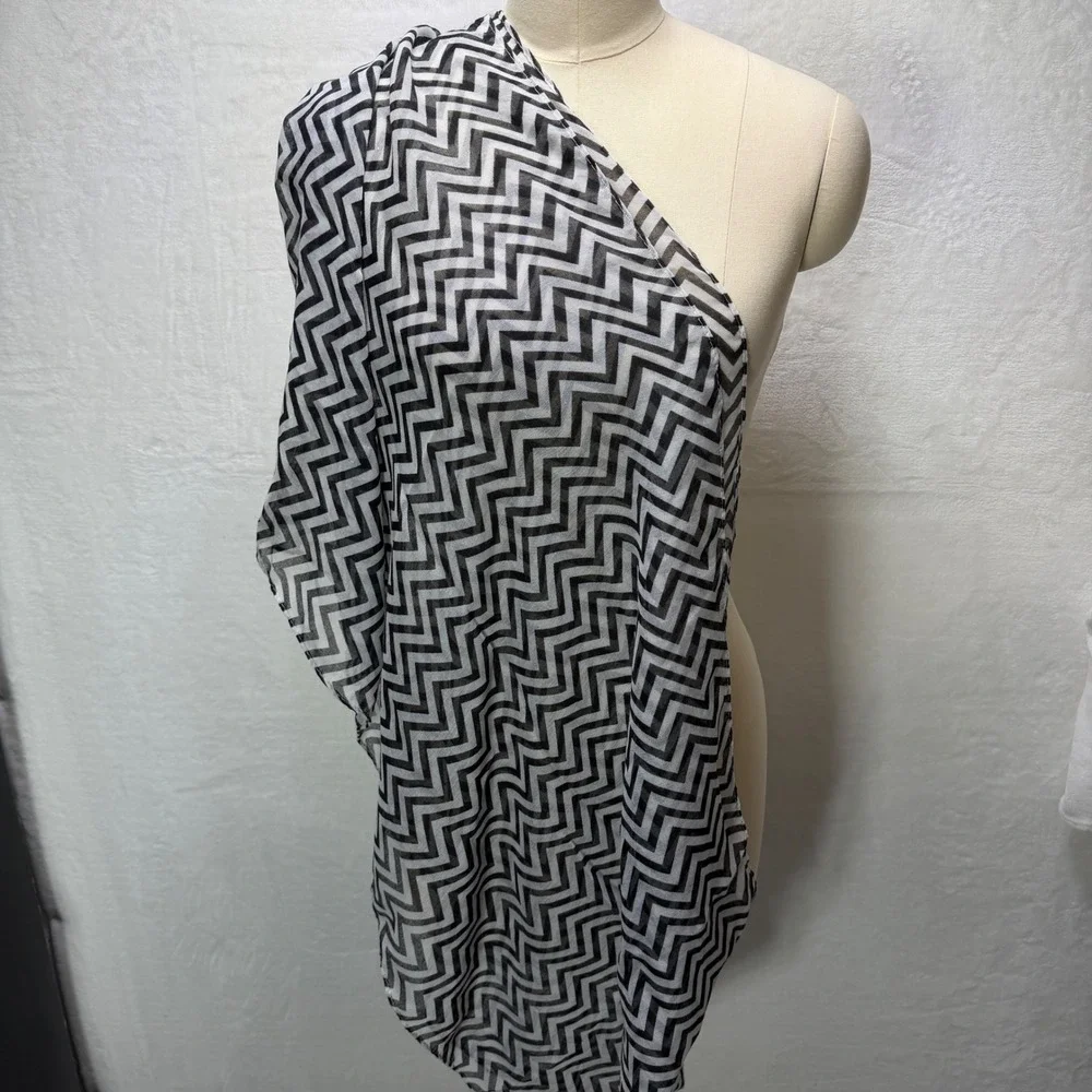 Black White Chevron Print Sheer Kimono Wrap Open Front Chiffon Shawl Coverup